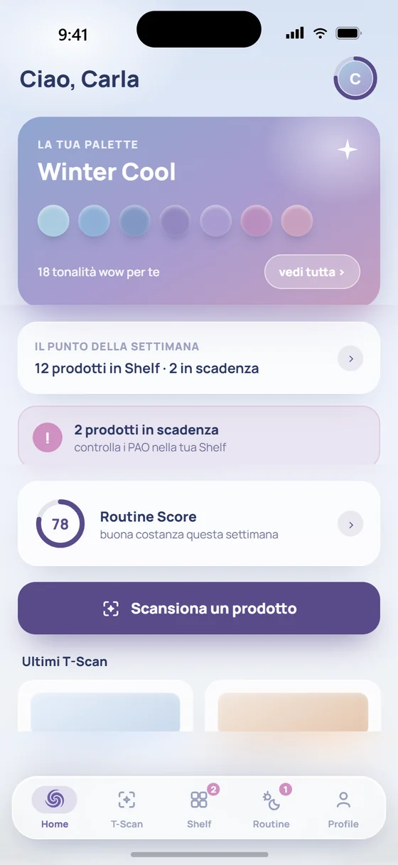 Schermata dell'app: la home con la palette personale Winter Cool, i prodotti in shelf, le scadenze e il Routine Score
