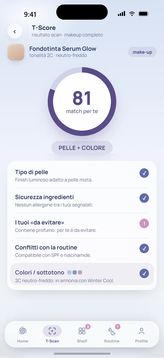 Schermata dell'app: T-Score 81 su 100 su un fondotinta, con i controlli su pelle, sicurezza ingredienti, da evitare, routine e colore