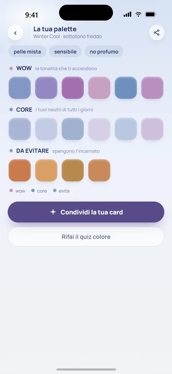 Schermata dell'app: la palette personale Winter Cool con le tonalità wow, i neutri core e i colori da evitare