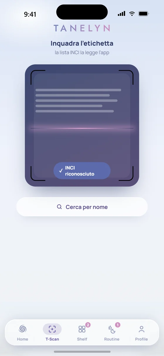 Schermata dell'app: la fotocamera inquadra l'etichetta e riconosce la lista ingredienti INCI